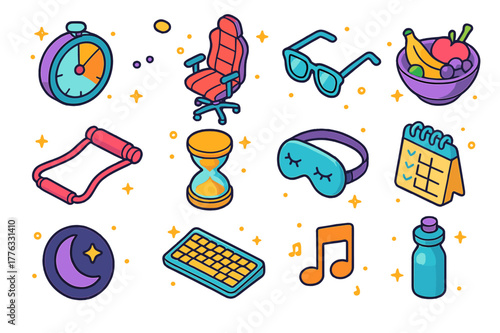 Healthy Gaming Icons. Healthy gaming habits. Colorful isometric vector icons set of Healthy gaming habits: screen time timer, ergonomic posture chair, blue