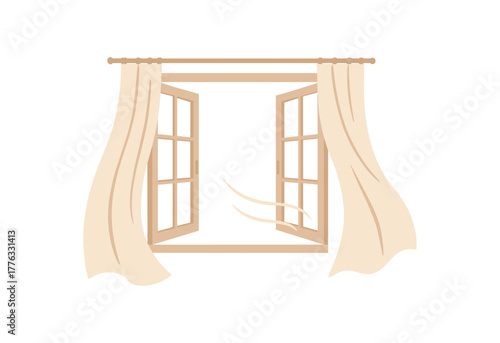 open window with curtains moving gently breeze calm mind moment no outline flat vector illustration style isolated on white background soft neutral tones