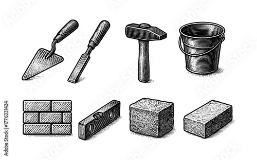 Detailed vintage engraving of construction tools and materials collection