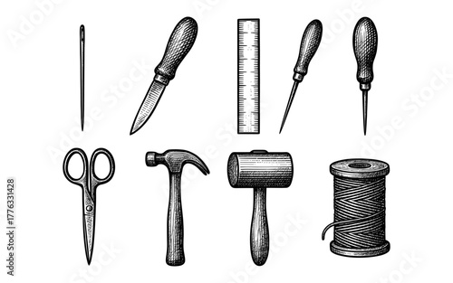 Vintage craft tools collection: needle, scissors, hammer, ruler, awl, thread