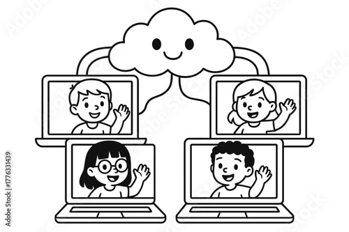 Virtual Learning Fun. Virtual classroom children?s coloring book illustration, outlined drawing, students waving from different screens connected through a big