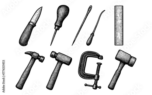 Hand-drawn vintage carpentry and leatherworking tools set for crafts enthusiasts