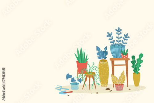 Cozy home garden with indoor plants and gardening tools vector illustration, modern houseplant decor art