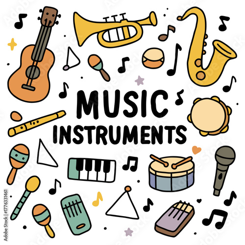 Playful doodle of music instruments with notes and sound elements, perfect for music class poster, kids learning site
