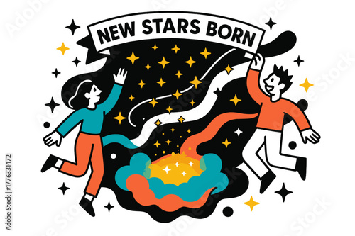 Cosmic Star Announcement. Cosmic Birth Announcement. Tiny star icons pop like confetti from a glowing cradle of gas; a banner reads ?New Stars Born.? Dust