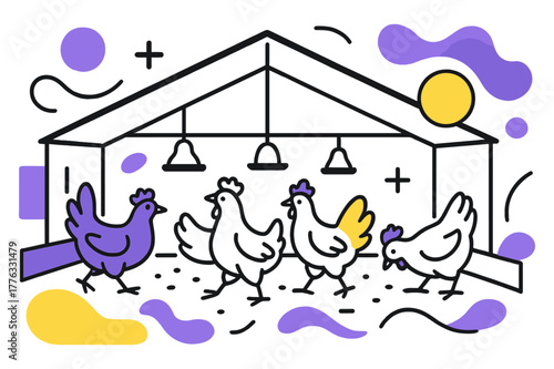 Modern Poultry Farm Design. Poultry Farm. Wide view of poultry house with chickens walking under soft light and floating abstract geometric shapes, clean and