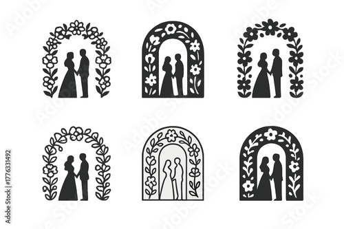 Engagement Party Logos. Celebrating love through engagement parties. Set Logo of Celebrating love through engagement parties: Floral arch walkway. Icon set.