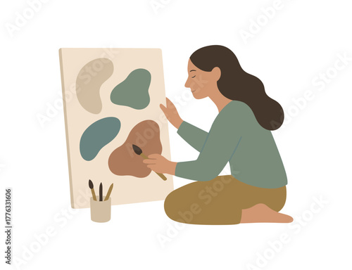 person painting abstract shapes intuitive calm process mental flow no outline flat vector illustration style isolated on white background muted hues