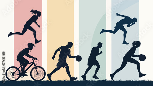 Silhouettes of people engaging in various sports activities against a colorful background with grass below