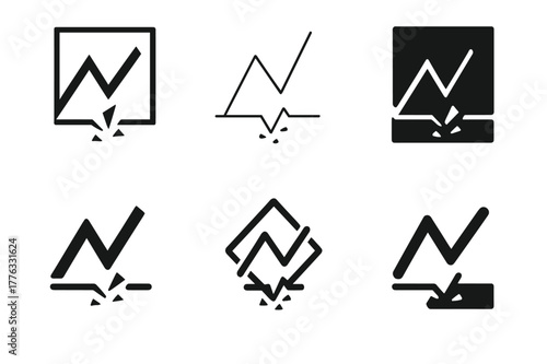 Market Volatility Logos. Market volatility risk. Set Logo of Market volatility risk: zigzag graph breaking support. harmonious logo variations of the same