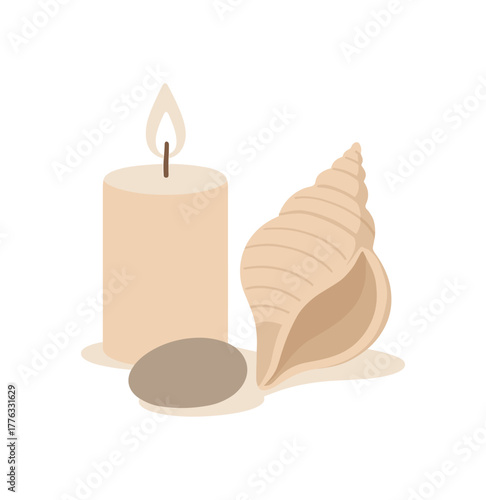 sea inspired still life candle and stone calming coastal scene no outline flat vector illustration style isolated on white background soft neutral palette