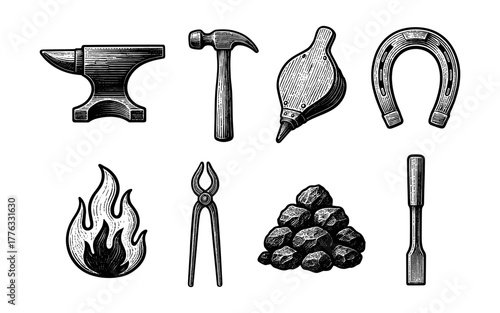 Vintage blacksmith tools set: detailed engravings of anvil, hammer, and more