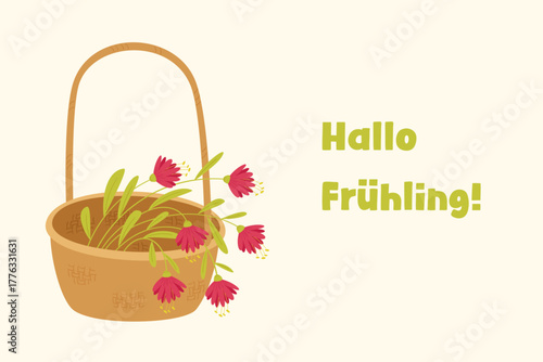 Hello spring german greeting with basket of flowers vector illustration, cute floral spring design with text