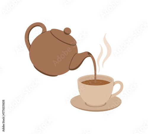 pouring hot tea into cup slow mindful motion calm ritual no outline flat vector illustration style isolated on white background soft muted tones