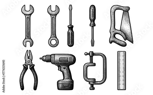 Hand-drawn vintage tools collection with intricate detailing and classic craftsmanship