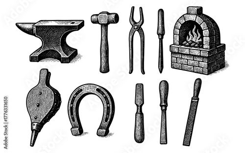 Vintage blacksmith tools with forge and anvil in detailed engraving style
