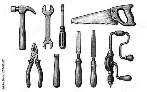 Vintage hand tools collection with engraved style for diy and craftwork