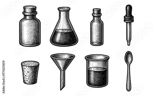 Vintage laboratory equipment sketch: bottles, beakers, and tools