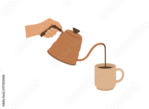 slow coffee pour from kettle into mug mindful brewing no outline flat vector illustration style isolated on white background natural tones