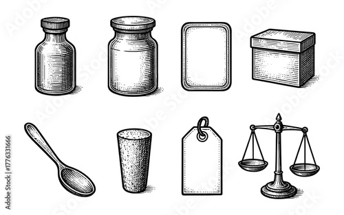 Vintage engraved kitchen and office items collection in monochrome style