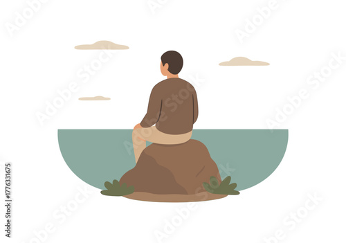 sitting on rock overlooking sea peaceful contemplation moment of stillness no outline flat vector illustration style isolated on white background muted tones centered