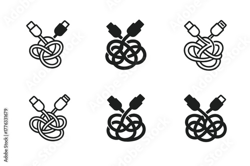 Charging Cable Logo Variations. Charging cable mess. Set Logo of Charging cable mess: USB-C and lightning tangle. harmonious logo variations of the same