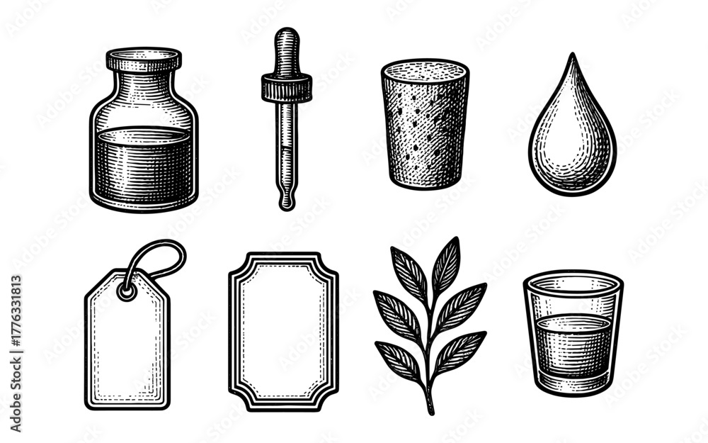 Naklejka premium Vintage engraving set: bottles, labels, and plants in monochrome design