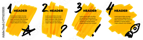 4 steps infographic with hand drawn text boxes. Empty design template. Spots drawn with a marker or felt-tip pen. Design element for presentation with copy space. Question and exclamation mark