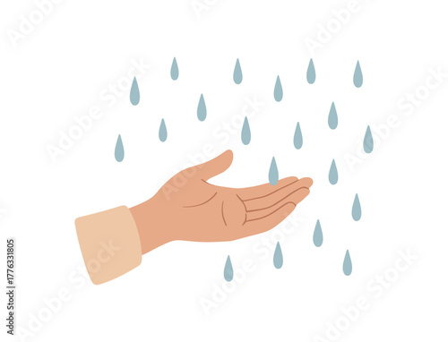 hand reaching to feel raindrops simple sensory awareness no outline flat vector illustration style isolated on white background gentle tones