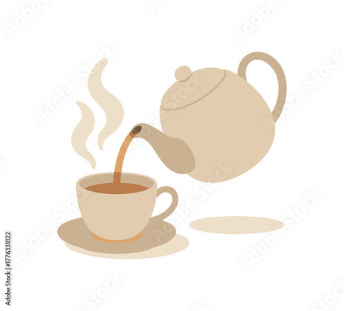 pouring hot tea into cup steam rising peaceful morning ritual no outline flat vector illustration style isolated on white background soft muted tones clean balance