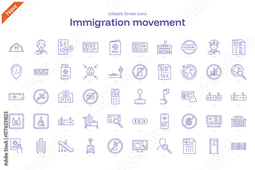 Immigration movement stroke icon. Immigration movement line icon set. editable stroke icon pack. Line, Thin, Linear Style Icon Bundle. migration, asylum, diaspora, resettlement, border
