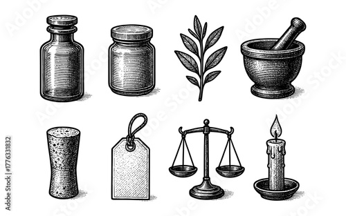 Vintage ink-style apothary tools and symbols adorning herbal and balancing elements