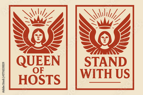 Heavenly Banners Design. Heavenly Host. Two vertical A6 banners with safe margins, centered composition, no elements touching edges, bold, red and beige,