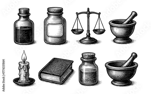 Vintage alchemy and apothecary tools with candle and book