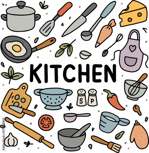 Colorful kitchen tools and utensils arranged in fun hand drawn style, perfect for recipe blog, cooking website
