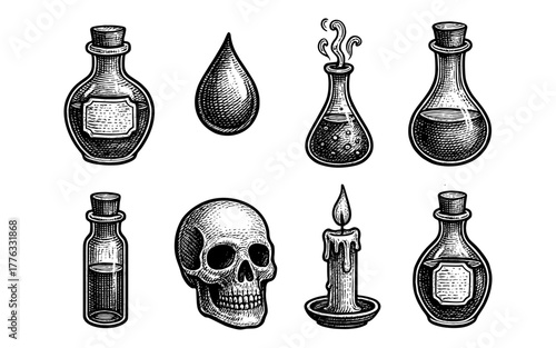 Vintage alchemy set with bottles, skull, candle, and potion in engraved style