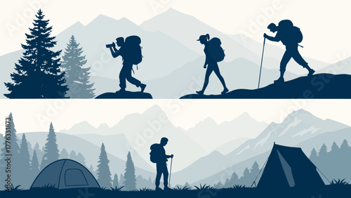 Silhouettes of hikers in mountain landscape with trees and tents in a serene outdoor scene view point