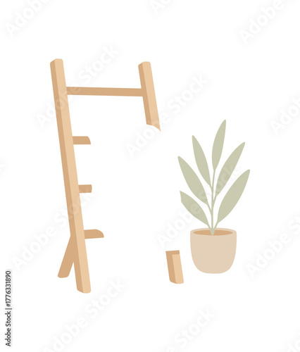 fresh white towels on wooden ladder gentle spa inspired home scene no outline flat vector illustration style isolated on white background light palette