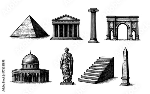 Classic architectural icons featuring historic monuments in detailed engraved style