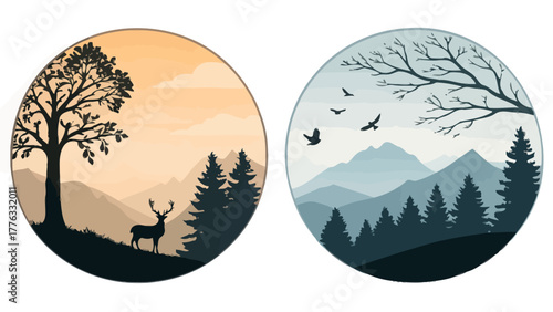 Two circular scenes depicting nature with trees mountains deer and birds in different color themes silhouette