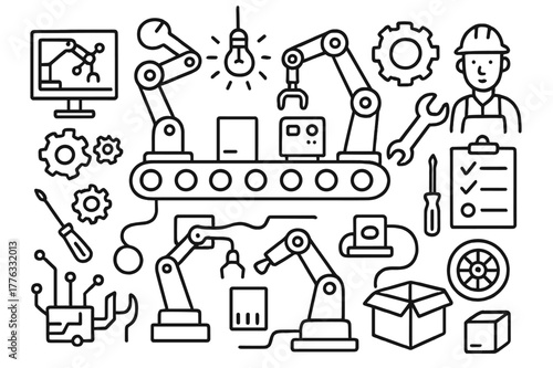 Robotic Assembly Sketch. Robotic assembly line. Hand-drawn doodle illustration robot arm, conveyor belt, gears, monitor, worker, wrench, product, box, light,