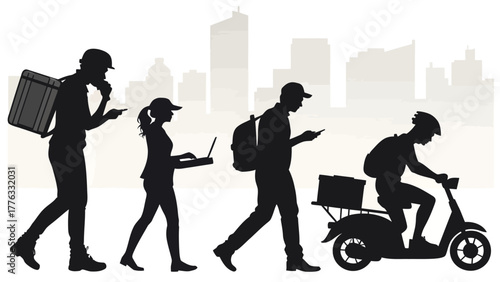Silhouettes of delivery personnel with city skyline showing diverse transport methods and modern technology use