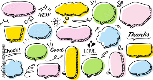 立体的な手描きの吹き出し。ポップでかわいいフキダシセット。