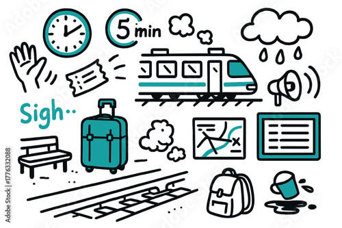 Missed Train Chaos. // Missed train. Hand-drawn doodle illustration missed train [train leaving station (accented), empty platform, clock showing min late