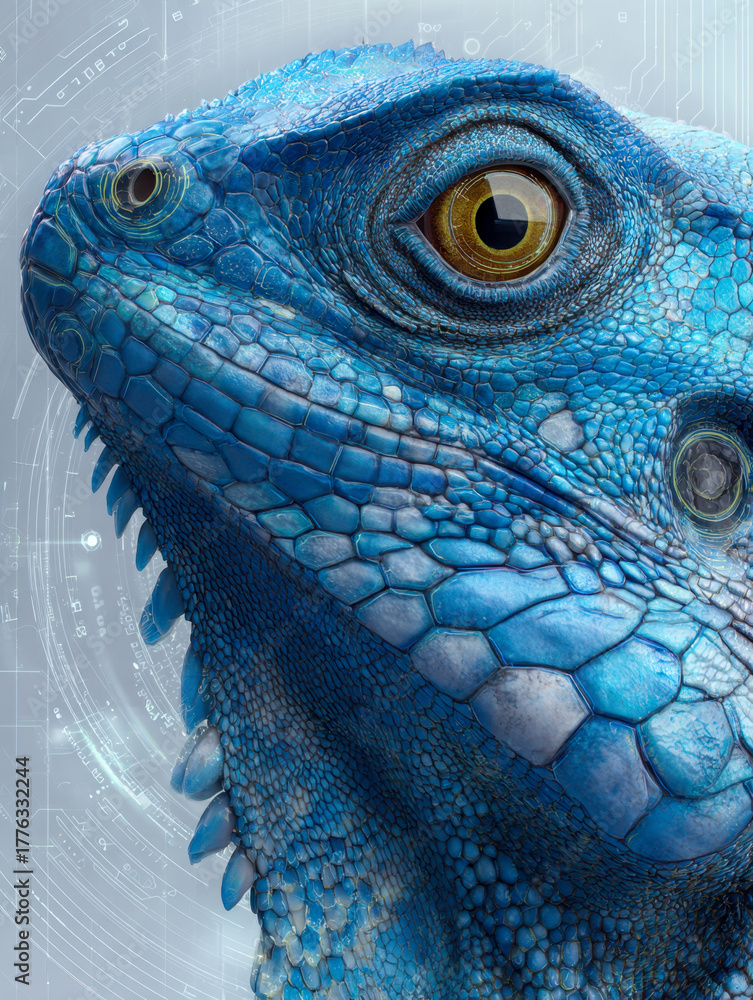 Fototapeta premium Close-up of a vibrant blue genetically enhanced lizard with intricate scales and high-tech digital background emphasizing biotechnology and future innovations