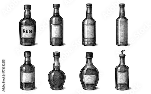 Hand drawn collection of various bottles in vintage style