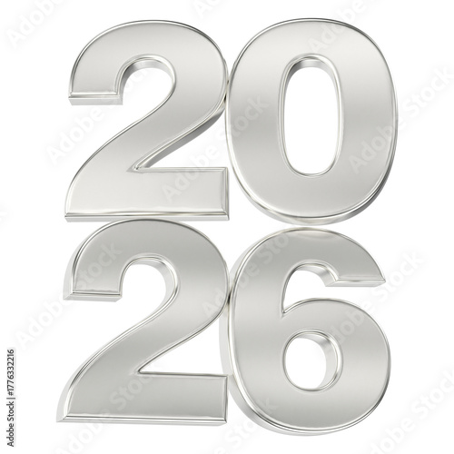 Shiny metallic silver 3D numbers representing the year 2026, isolated on a transparent background for future design.