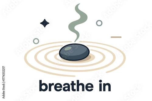 Pebble Meditation Focus. Pebble ? Meditation Focus. A single pebble rests at the center of soft sand spirals; incense smoke curves upward. Caption ?breathe