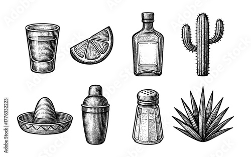 Vintage mexican icons: tequila, cactus, lime and more in engraved style