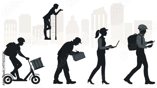 Silhouetted figures performing various tasks against a city skyline in a monochromatic illustration style